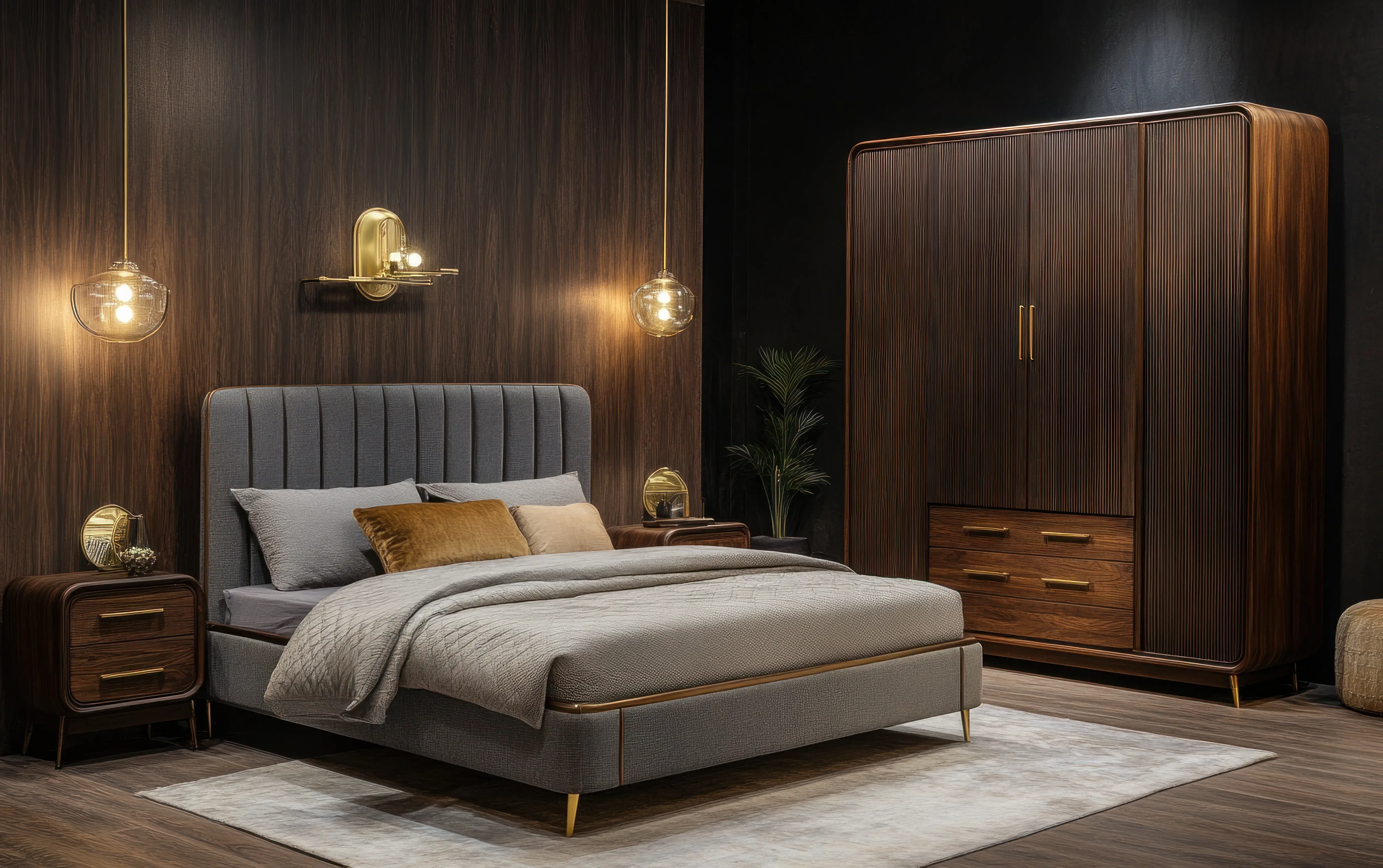 Sypialnia w stylu glamour z drewnianymi ścianami i szafą, szarym łóżkiem, a także złotymi akcentami, dodającymi elegancji pomieszczeniu.