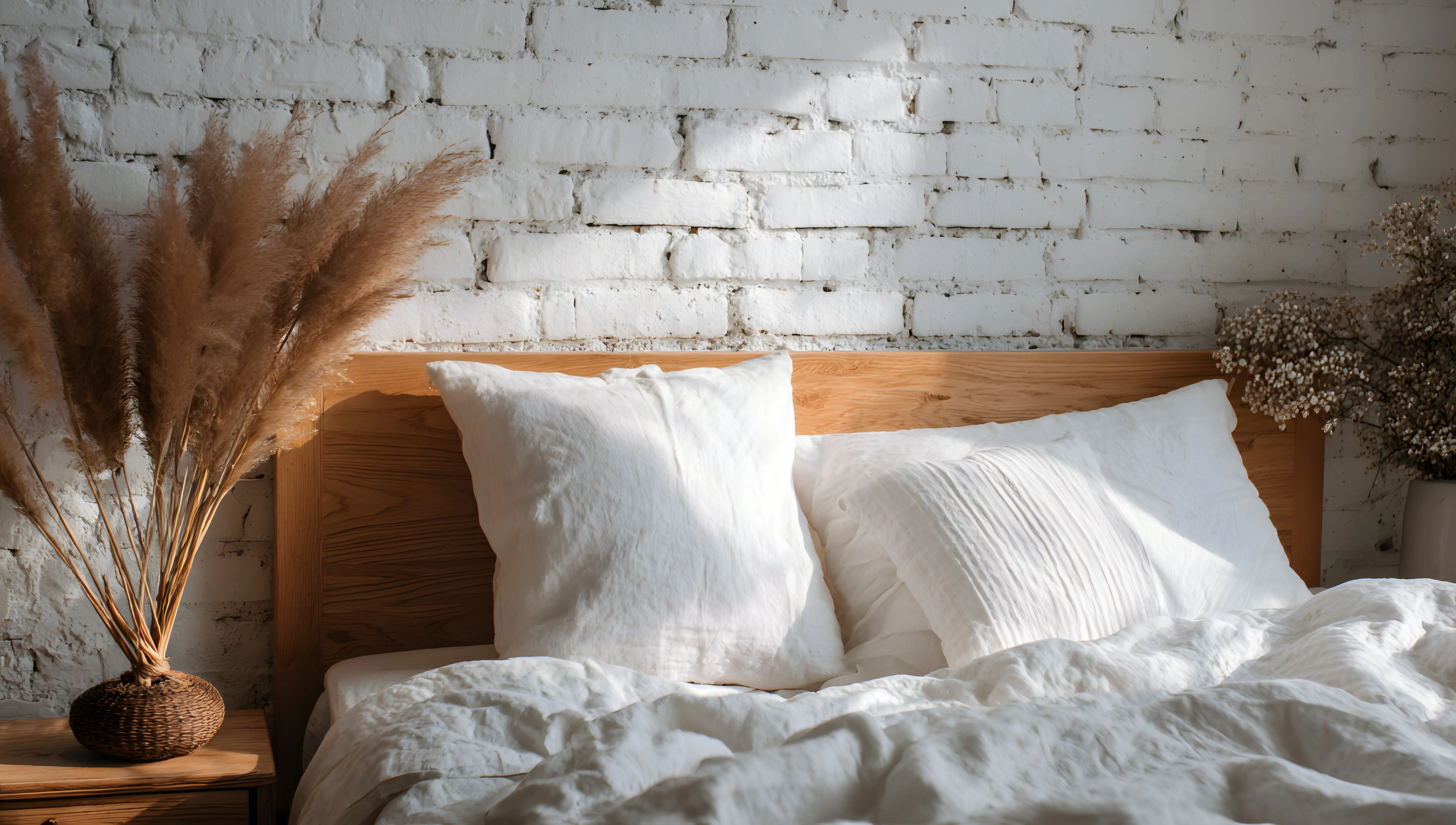 Sypialnia w stylu japandi z białą cegłą na ścianach i dużym drewnianym łóżkiem z białą pościelą. 