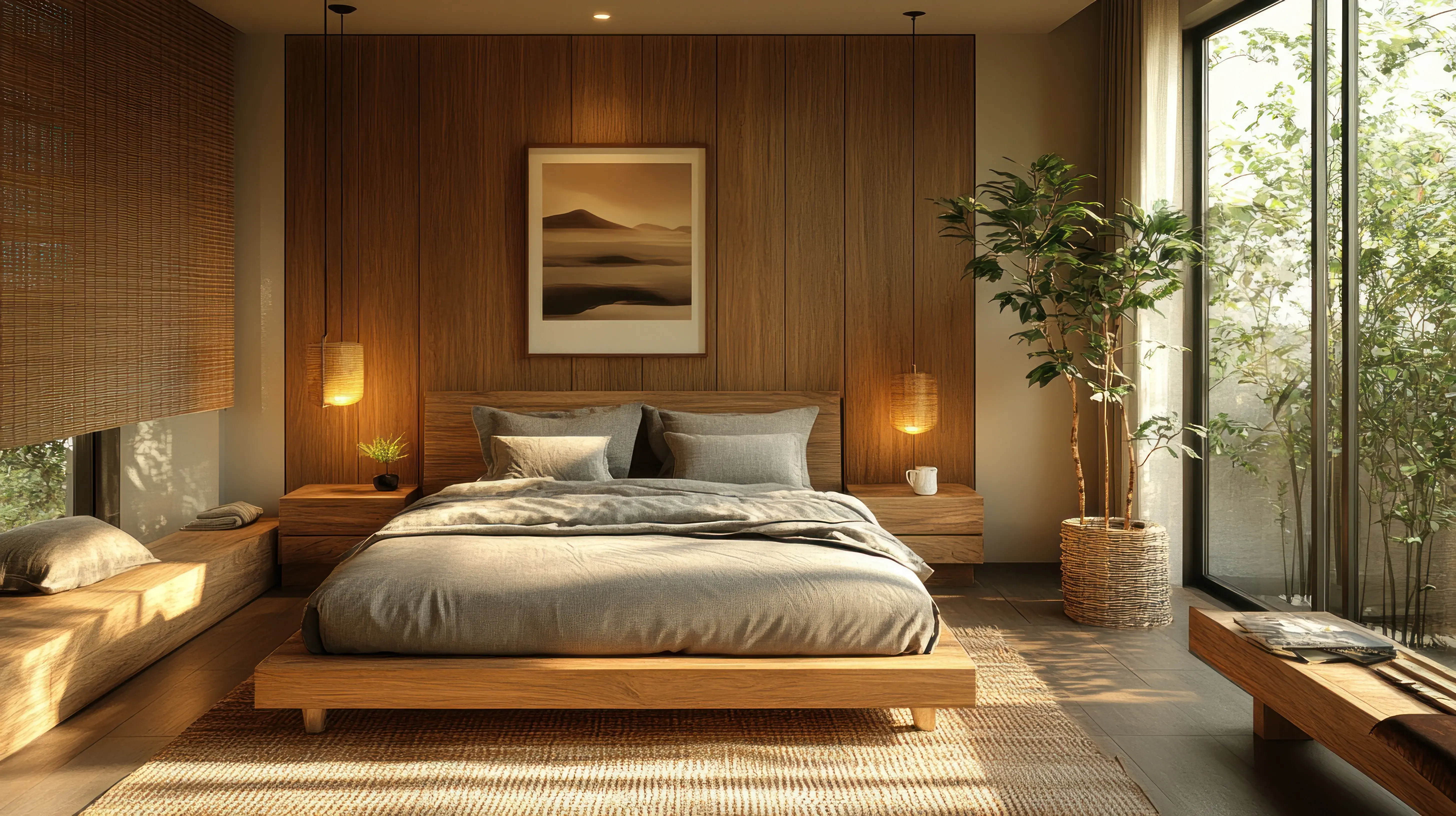 Sypialnia w stylu japandi z drewnianą ścianą, obrazem na niej i dużym łóżkiem stojącym na podłodze z szafkami nocnymi i lampami po jego obydwu stronach.