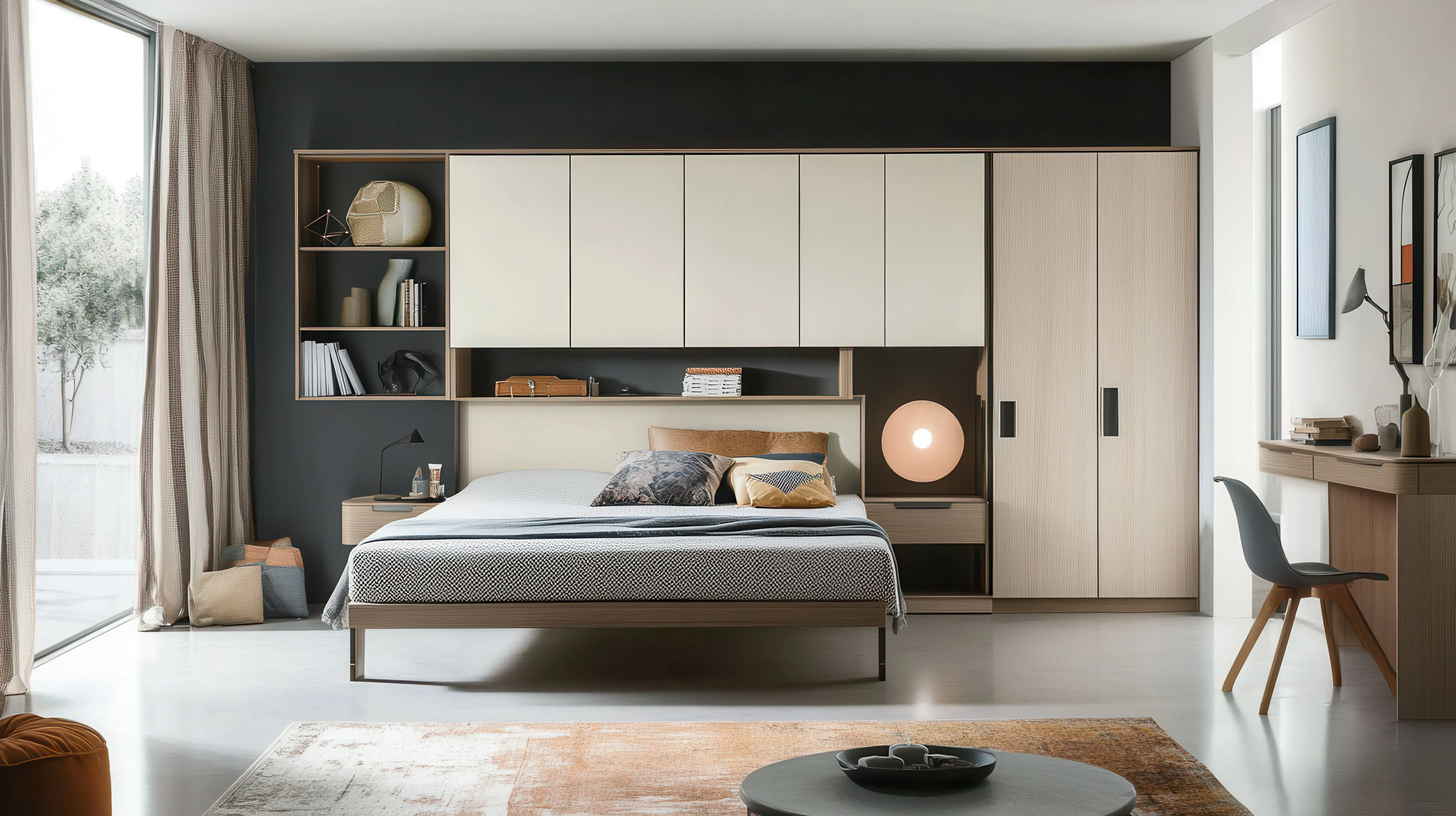 Sypialnia w stylu nowoczesnym, w centrum której stoi łóżko, a przy ścianach stoją lub wiszą meble. 